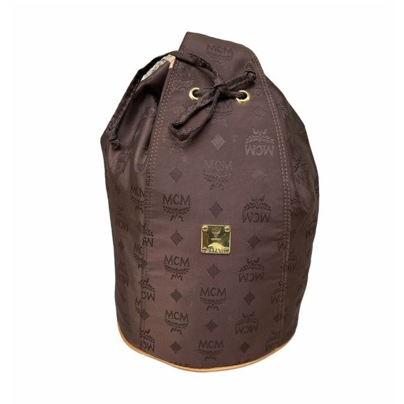 Vintage MCM ~ Brown Logo Nylon Drawstring Sling Backpack Bag 